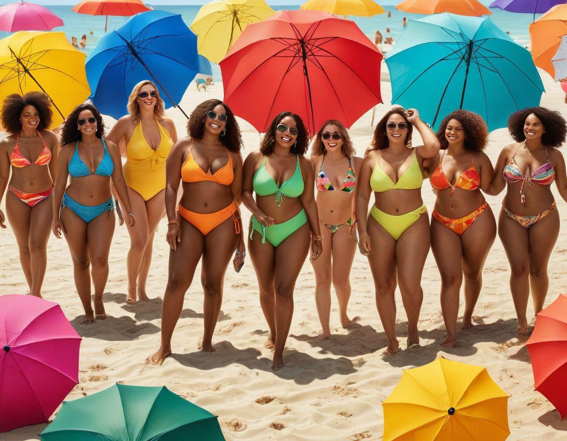 A diverse group of individuals of various body shapes and sizes joyfully showcasing summer fashion trends on a sunlit beach, wearing colorful swimsuits and light, breezy clothes, laughing and embracing each other. The scene captures vibrant beach umbrellas and playful beach accessories in the background, symbolizing inclusivity and positivity. super-realistic. vibrant colors. summer vibe.